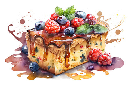 Watercolor illustration of cheesecake with berries and chocolate sauce on white backgroundの素材