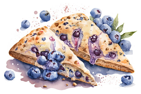 Watercolor illustration of a slice of pie with blueberries and creamの素材