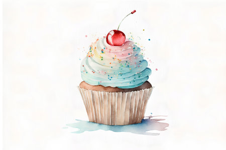 Watercolor cupcake with cherry. Hand drawn watercolor illustration.の素材