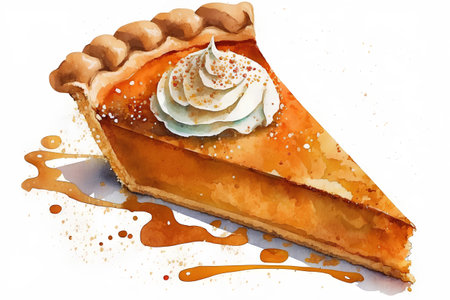Watercolor illustration of a slice of apple pie with whipped cream.の素材