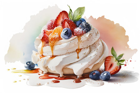 Watercolor illustration of Pavlova cake with whipped cream, fruits and honey.の素材