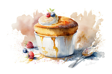 Cake with cream and berries. Watercolor illustration on white backgroundの素材
