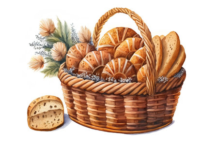 Basket with bread. Watercolor illustration on a white background.の素材