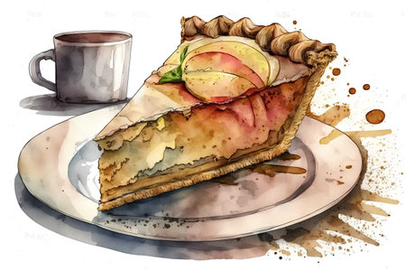 Watercolor illustration of a slice of apple pie and cup of coffeeの素材