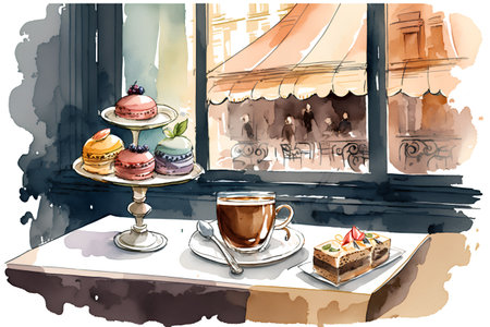 Coffee cup and cakes in cafe. Watercolor illustration.の素材