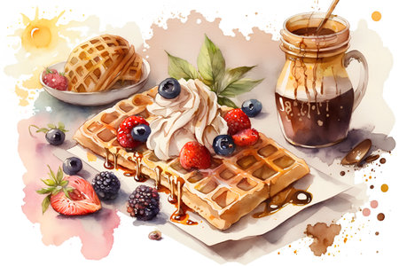 Watercolor illustration of Belgian waffles with whipped cream, berries and chocolate.の素材