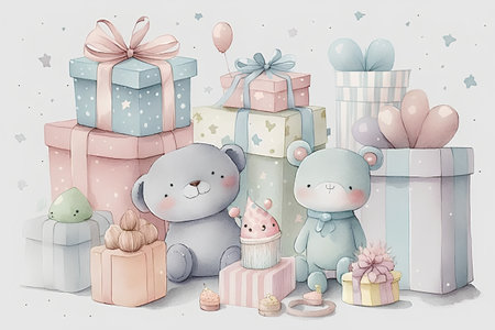 Cute teddy bears and gifts. Watercolor hand drawn illustrationの素材