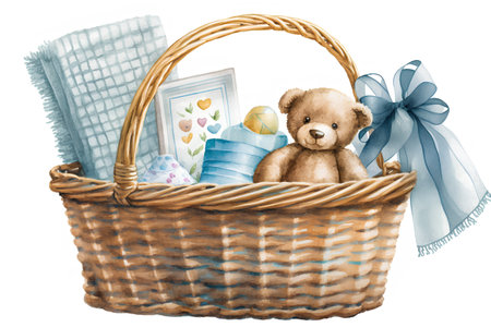 Watercolor illustration of a basket with a cute teddy bear and Easter eggs.の素材
