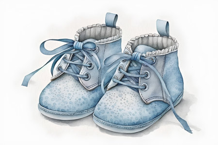 Hand drawn blue baby boots isolated on white background. Watercolor illustration.の素材