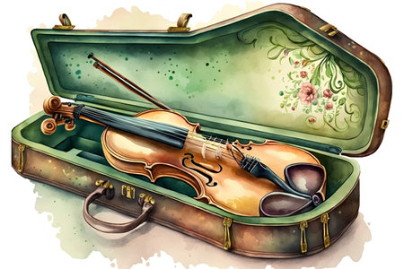 Watercolor illustration of a violin in an old case on a white backgroundの素材