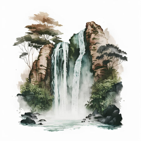 Watercolor illustration of waterfall in tropical forest. Hand drawn watercolor illustrationの素材