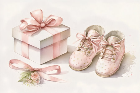 Pink baby booties, gift box and bow. Watercolor illustrationの素材