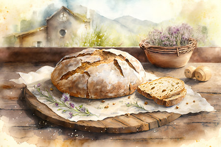 Watercolor illustration of rustic bread with lavender on wooden tableの素材
