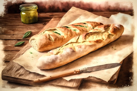 Baguette with herbs and spices on a wooden background. Vintage style.の素材