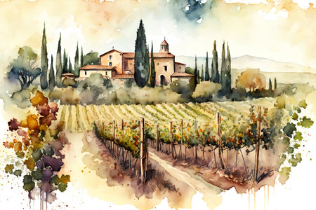 Watercolor painting of a vineyard in Tuscany, Italyの素材