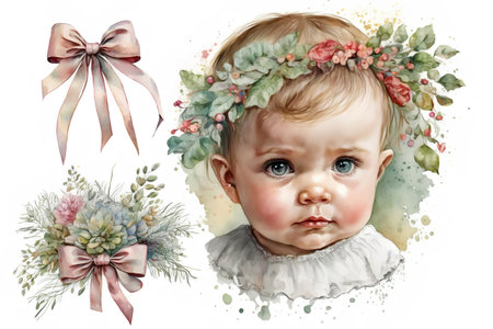 Watercolor portrait of a beautiful baby girl in a wreath of flowersの素材