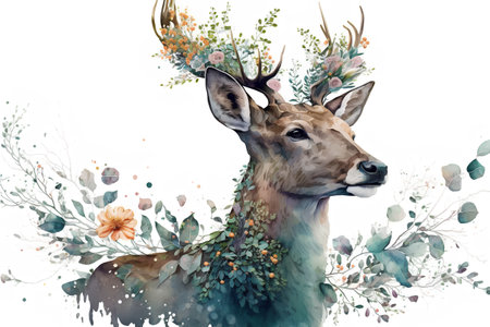 Beautiful watercolor portrait of a deer with a big antlers and flowersの素材