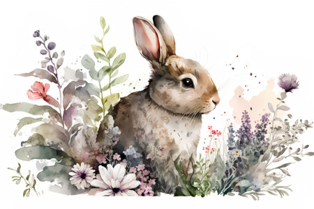 Watercolor rabbit and flowers on a white background. Watercolor illustrationの素材