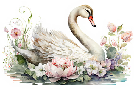 Beautiful vector watercolor illustration with a swan and flowers.の素材