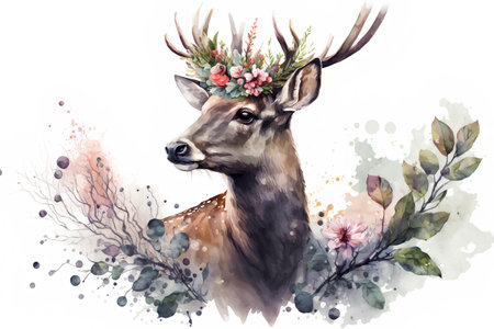 Beautiful watercolor portrait of a deer with a wreath of flowers.の素材