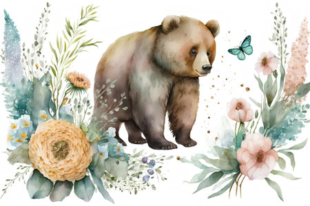 Watercolor illustration of a bear with flowers and butterflies. Wild animals.の素材