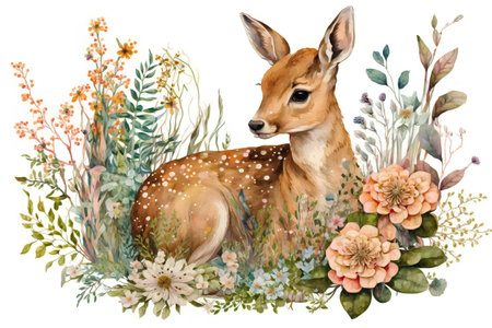 Beautiful watercolor illustration with a cute little deer and flowers.の素材