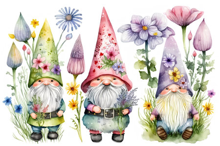 Watercolor gnomes with flowers. Hand drawn illustration isolated on white backgroundの素材