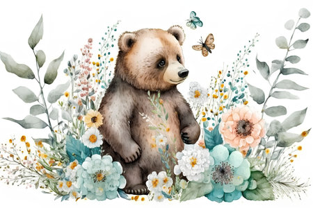 Watercolor illustration of a cute bear with flowers and butterflies on a white backgroundの素材