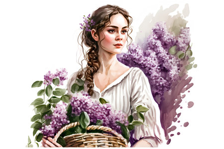 Beautiful young woman with lilac flowers in a basket. Spring.の素材