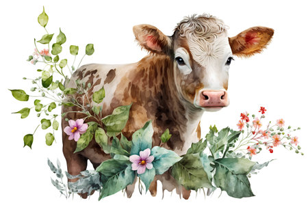 Watercolor portrait of a cow with flowers and leaves on a white backgroundの素材