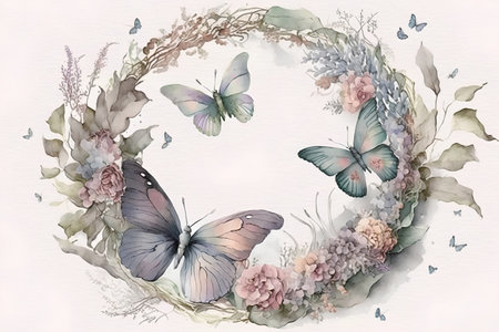 Watercolor floral wreath with butterflies and hydrangea flowersの素材