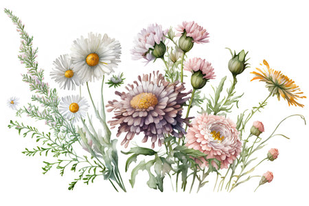 Beautiful vector image with nice watercolor daisies and chamomilesの素材