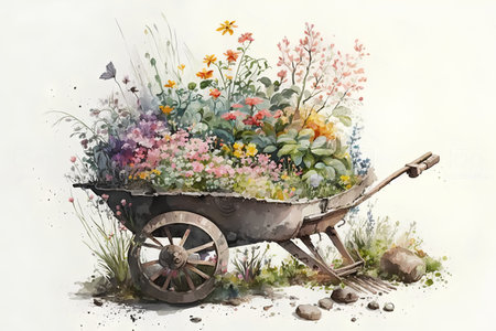 Watercolor painting of a wheelbarrow full of flowers and grassの素材