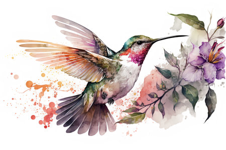Beautiful vector image with nice watercolor hummingbird on white backgroundの素材