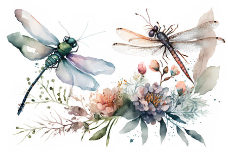 Beautiful vector image with nice watercolor dragonfly and flower bouquetの素材