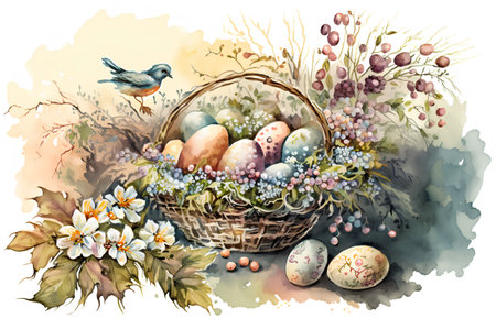 Basket with Easter eggs, birds and flowers. Watercolor illustrationの素材