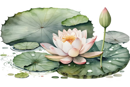 Water lily on a white background. Watercolor painting. Vector illustration.の素材
