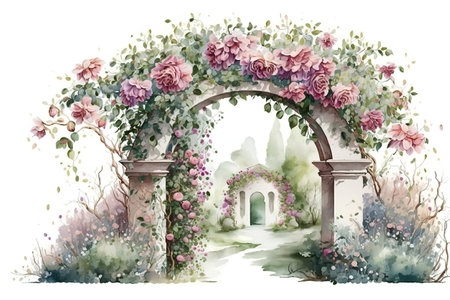 Romantic arch with roses. Watercolor illustration on white background.の素材
