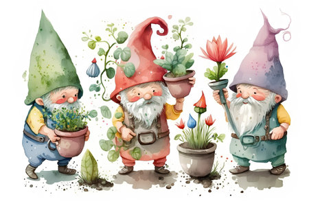 Garden gnomes with flowers and plants. Watercolor illustration.の素材
