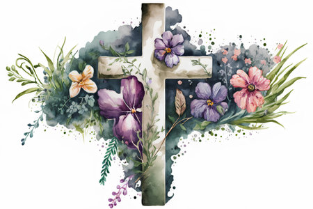Watercolor Christian cross with flowers and leaves. Hand drawn illustration.の素材