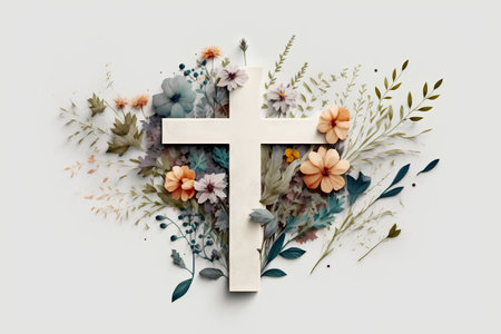 Cross with flowers and leaves on white background. Christian religion concept.の素材