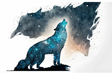 Illustration of a wolf howling at the night starry skyの素材