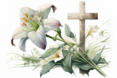 Bouquet of white lilies and a cross. Watercolor illustrationの素材