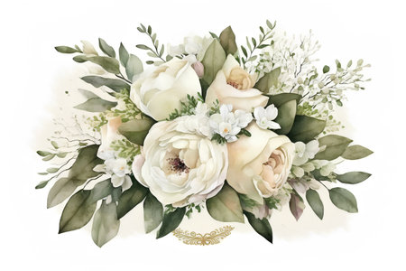 Watercolor wedding bouquet with white roses, green leaves, eucalyptus, branches.の素材