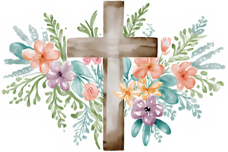 Cross with flowers and leaves. Christian symbols. Hand drawn watercolor illustrationの素材