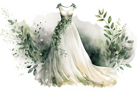 Wedding dress with flowers and plants. Watercolor illustration.の素材