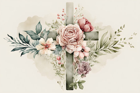 Watercolor Christian cross with flowers and leaves. Hand painted illustration.の素材