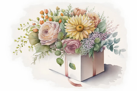 Bouquet of flowers in a gift box. Watercolor illustration.の素材
