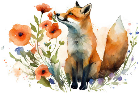 Beautiful vector image with watercolor foxes and poppiesの素材