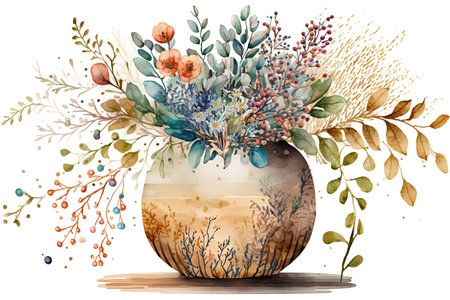 Beautiful vector image with nice watercolor hand drawn vase with flowersの素材